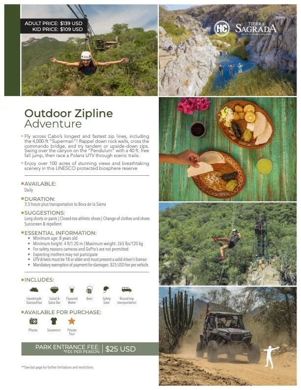 Flyer promoting an outdoor zipline adventure at Tierra Sagrada, including images of ziplining, a meal, and off-road vehicle tours.