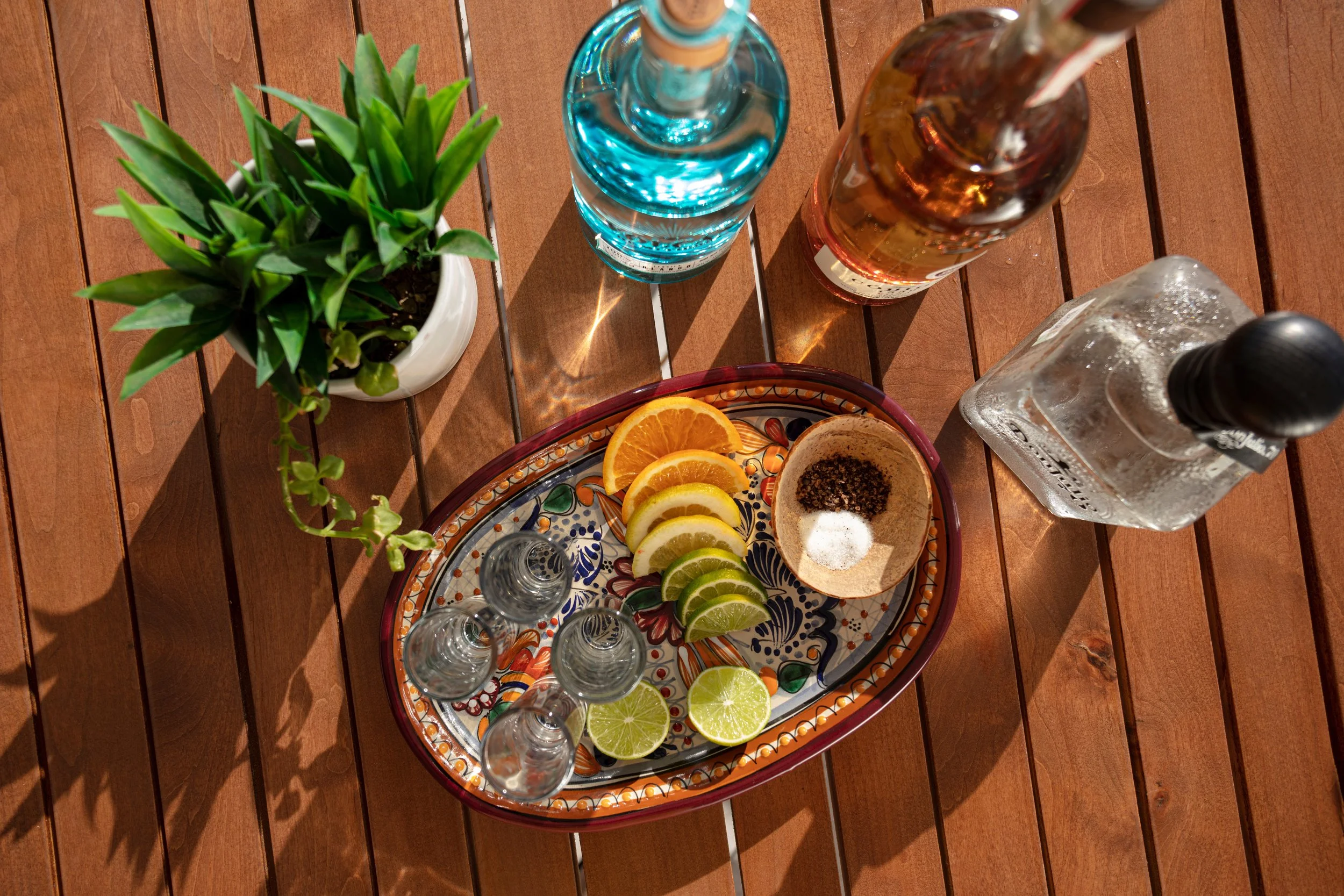 A wooden table with a colorful, decorative tray holding lime wedges, salt, and shot glasses. Nearby, there are bottles of water, a bottle of tequila, and a plant in a white pot. Sliced oranges and lemons are also on the tray.