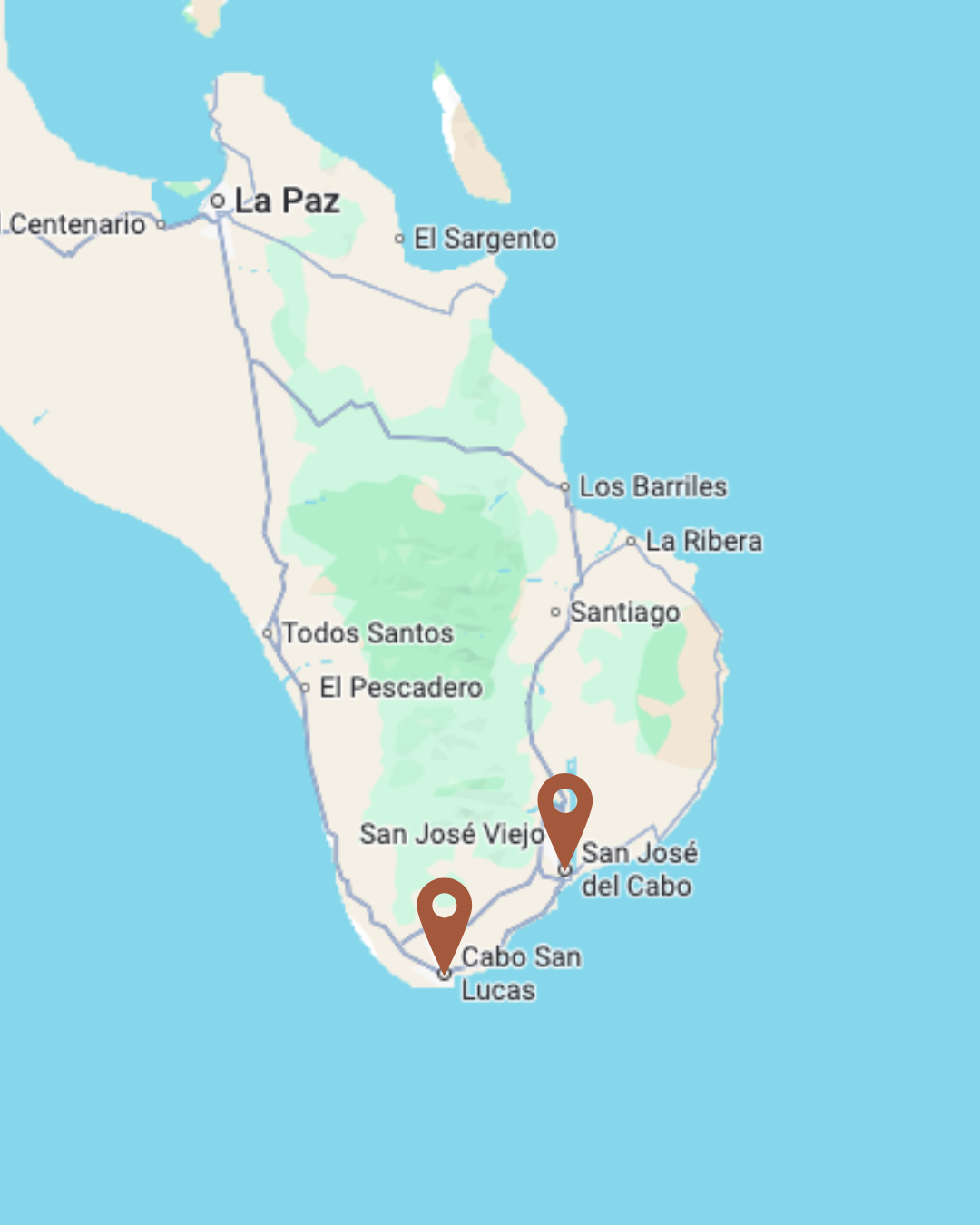 Map of the island of Cozumel, Mexico, showing the locations of San José del Cabo and Cabo San Lucas with markers.