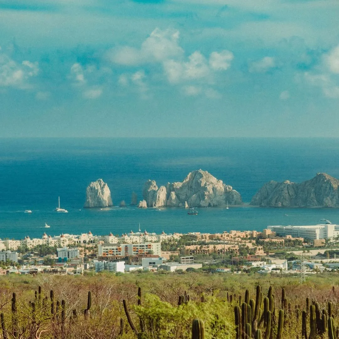 Landscape view of a coastal city with buildings, sailboats, and the ocean, with large rocky formations in the water and cacti in the foreground.