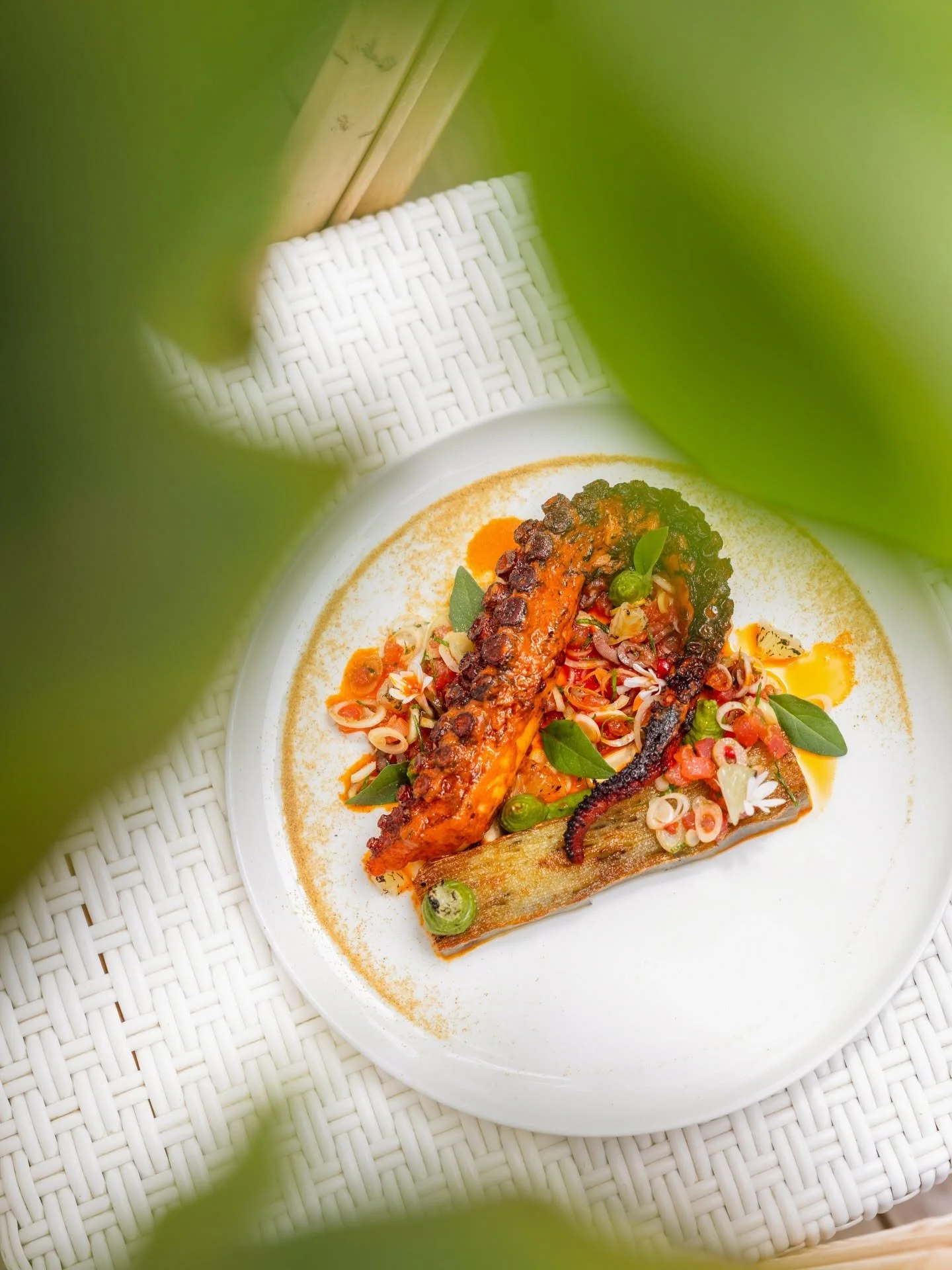 A white plate containing colorful grilled vegetables and a spicy sauce, viewed through green foliage. The plate sits on a textured surface.