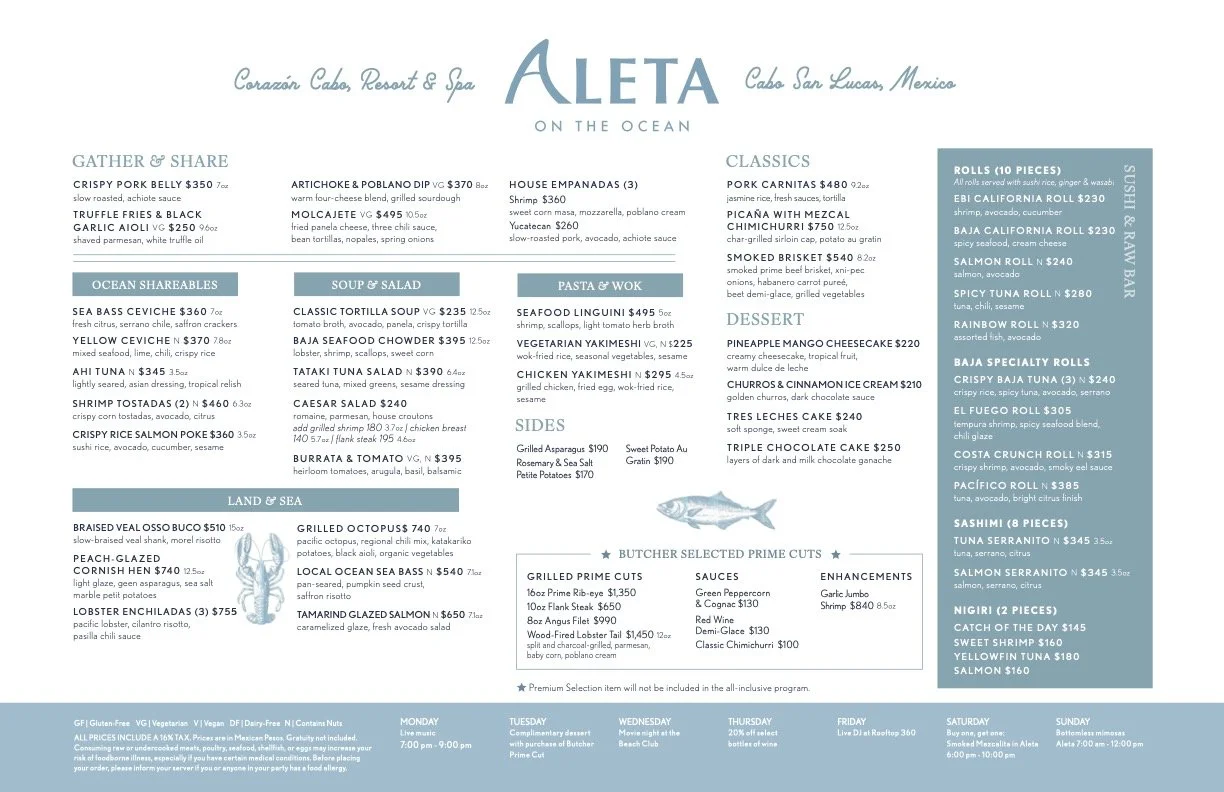 Restaurant menu featuring seafood, salads, pasta, and vegetarian dishes, with sections for classics, shareable plates, sides, and desserts, including sushi and prime cuts.