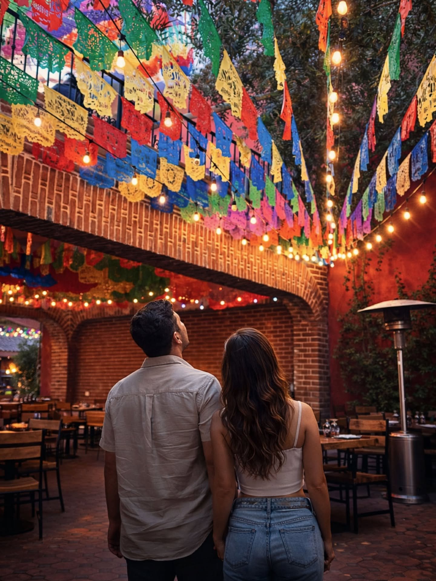 A man and woman are standing outdoors at night, holding hands, with colorful papel picado banners and string lights hanging above them.