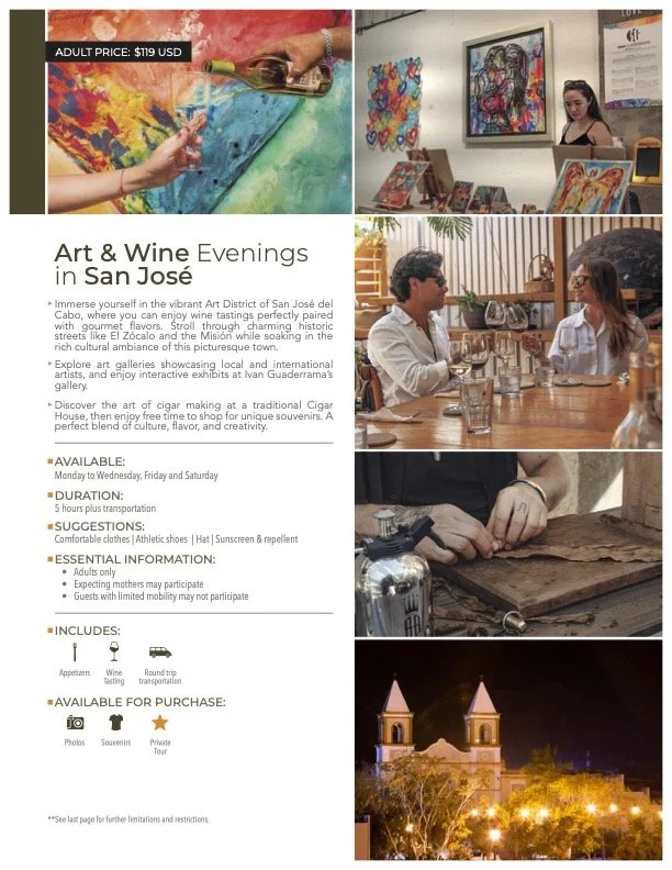 Flyer for 'Art & Wine Evenings in San Jose,' showcasing vibrant artwork, art gallery, people enjoying wine tasting, cigar making, and a nighttime view of a church in San Jose.