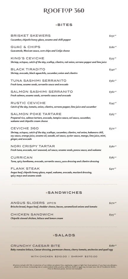 Menu showcasing various bites, sandwiches, and salads at Rooftop 360, including items like brisket skewers, guacamole and chips, king's ceviche, black tiradito, tuna sashimi serranito, salmon sashimi serranito, rustic ceviche, salmon poke tartare, ceviche 360, nori crispy tartar, currican, flank steak, Angus sliders, chicken sandwich, and crunchy Caesar bite.