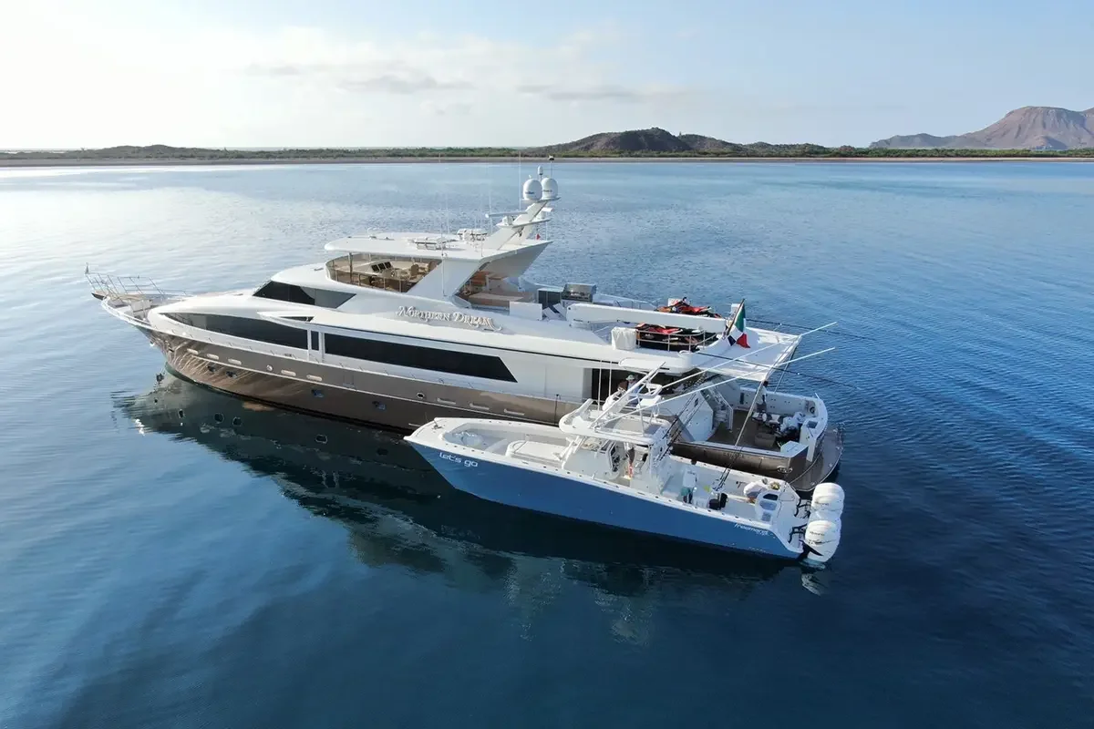 Large luxury yacht with an attached smaller boat sailing in calm water near mountainous coastline