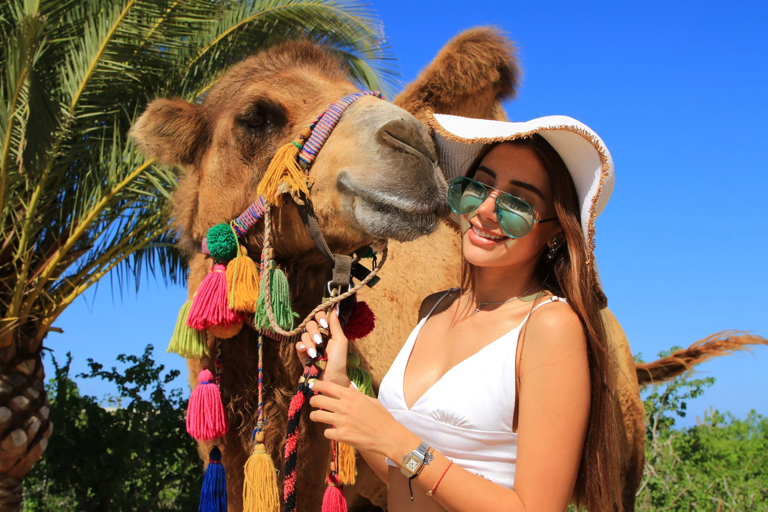 A woman wearing sunglasses and a white hat smiling while holding a camel's lead, with palm trees and a blue sky in the background.