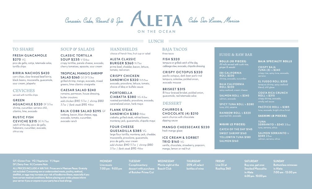 Seafood restaurant menu from Aletta in Cabo San Lucas, Mexico, featuring lunch options like soups, salads, tacos, sushi, and sushi rolls, with prices listed for each item.