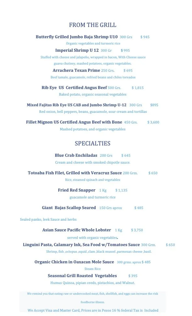 Menu titled 'FROM THE GRILL' and 'SPECIALTIES' offering various seafood and meat dishes with prices.