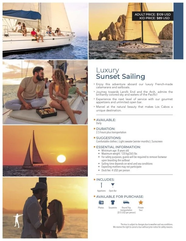 Flyer advertising luxury sunset sailing tours with photos of a sailing boat, a sunset, and people enjoying the experience, including a couple having a meal and a couple standing on the boat during sunset.