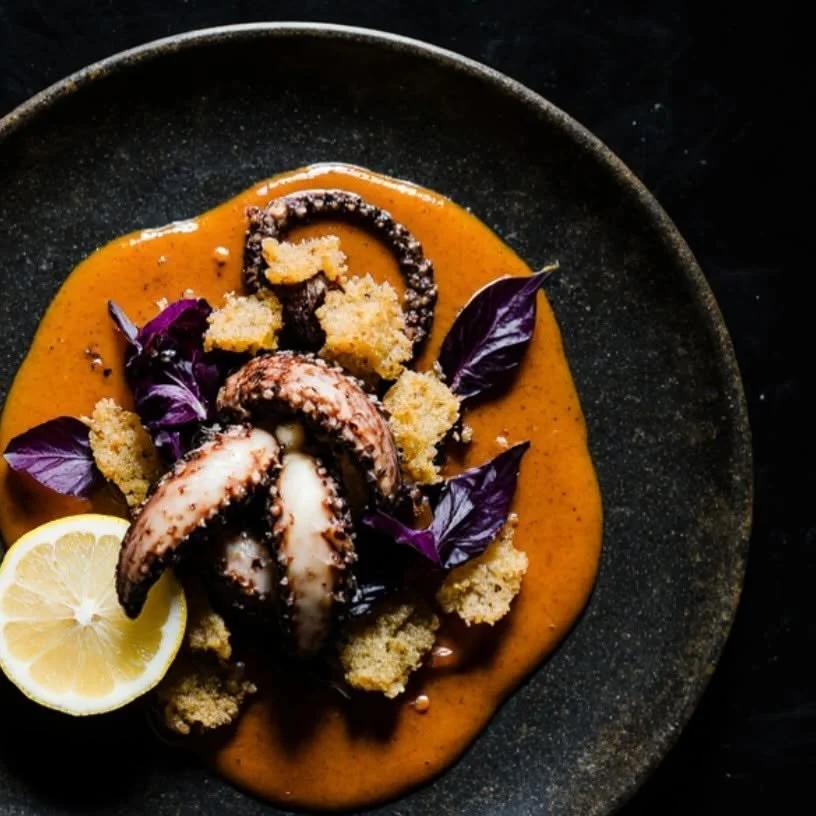 Cooked octopus tentacles with purple basil leaves, croutons, lemon wedge, and brown sauce on a black plate.