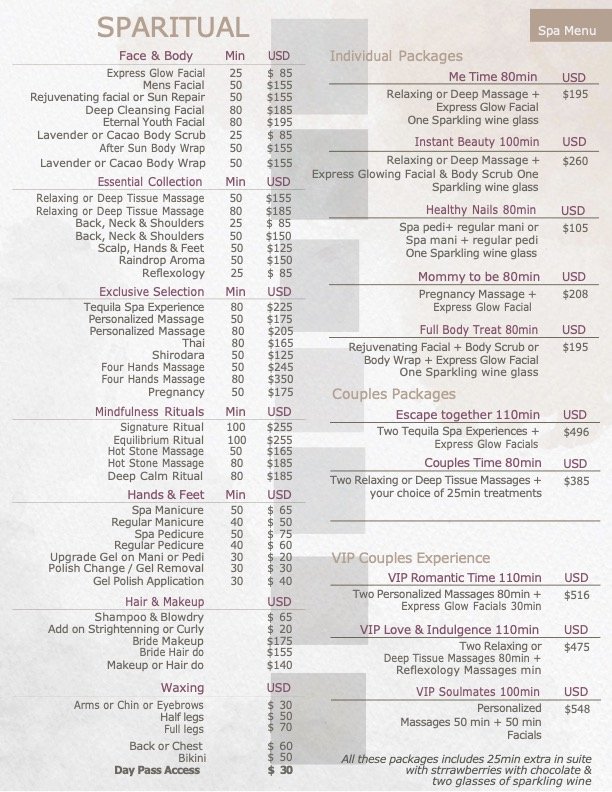 Spa menu listing various facial, body, massage, manicure, pedicure, waxing, and package options with durations and prices in USD.