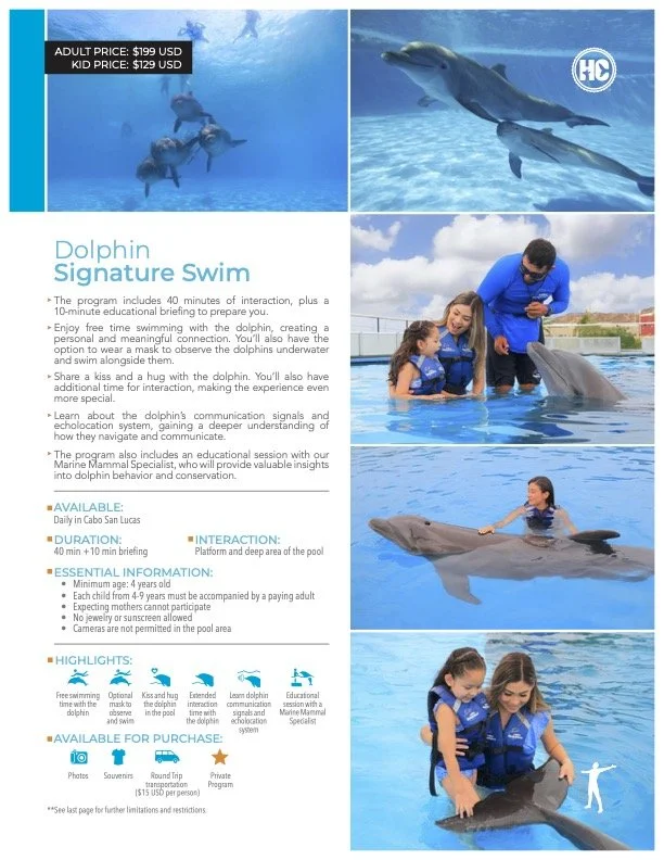 A promotional flyer for Dolphin Signature Swim featuring photos of a dolphin and children at a swimming pool, with details about the program, pricing, and availability.