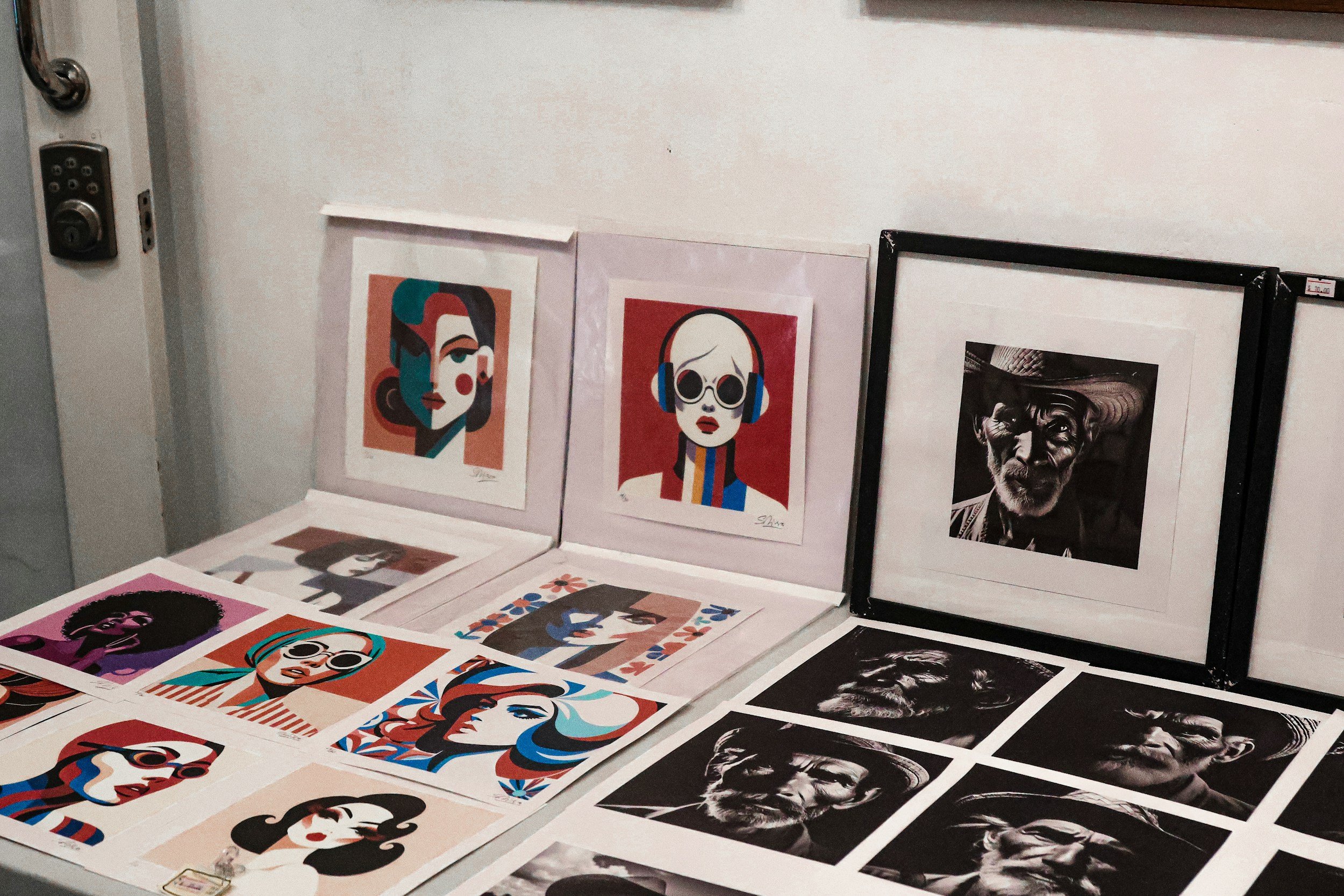 Display of various colorful art prints featuring stylized portraits of women and men, some with sunglasses or headphones, arranged on a table and leaning against a wall.