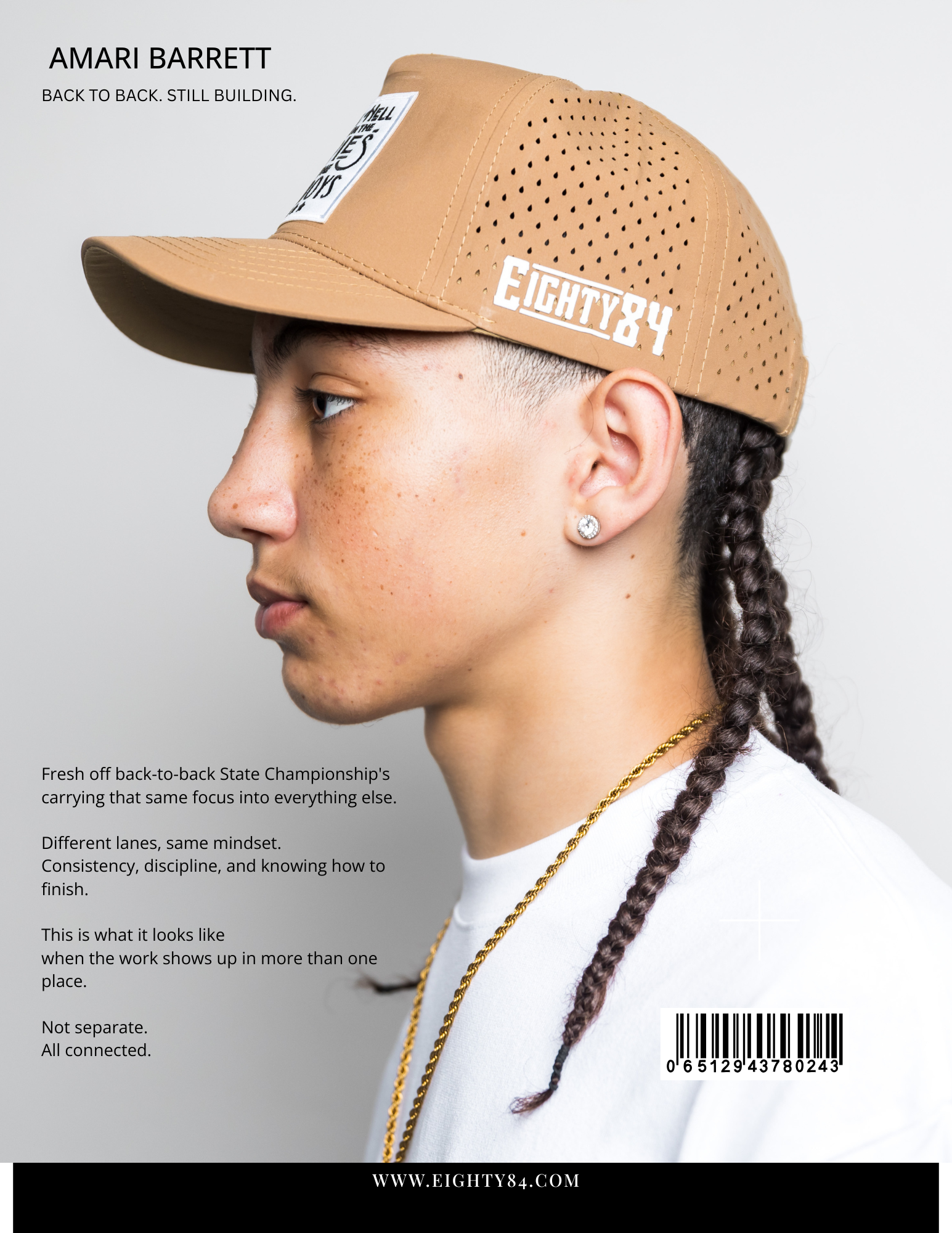 Close-up of a woman wearing a tan baseball cap with perforations and patches reading 'Amari Barrett' and 'Eighty84.' She has a braid, an earring, and a gold chain, against a light background. Text describes focus, mindset, teamwork, and connection.