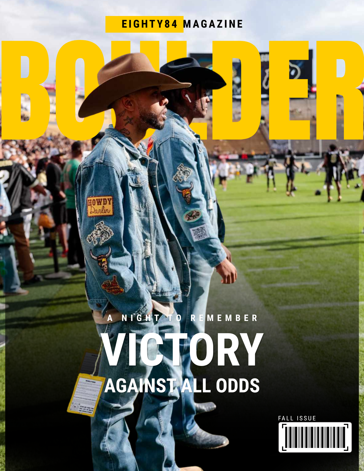 Cover of Eighty84 Magazine with two men in cowboy hats and denim jackets standing on a football field. The magazine features the words 'Victory' and 'Against All Odds'.