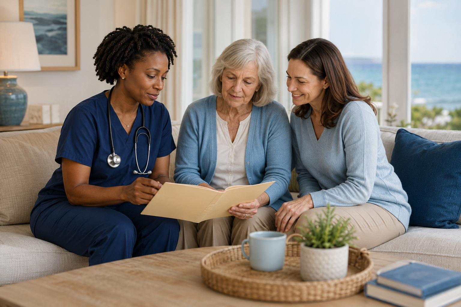 A nurse and two women sitting on a couch, reviewing a document together.