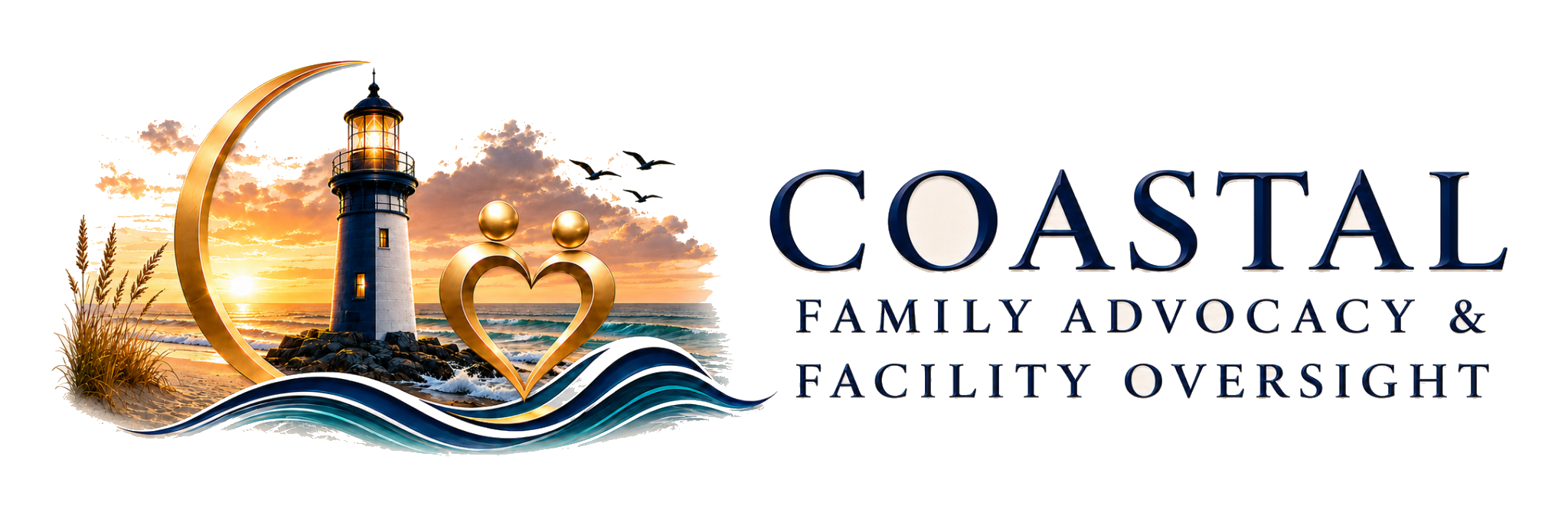 Coastal Family Advocacy and Facility Oversight logo featuring a lighthouse, sunset, ocean waves, and a heart with two figures inside.