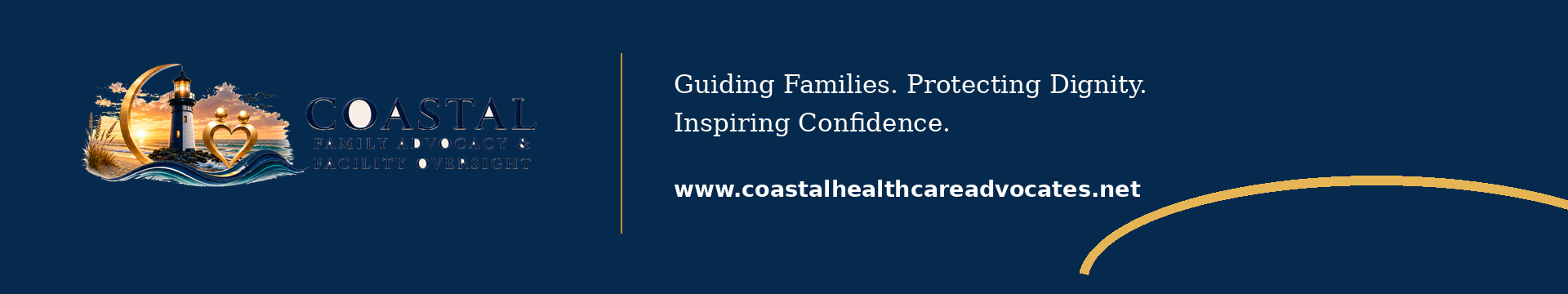 Coastal Family Advocacy banner with lighthouse, ocean waves, sunset, and heart symbol, promoting family advocacy and protection of dignity.