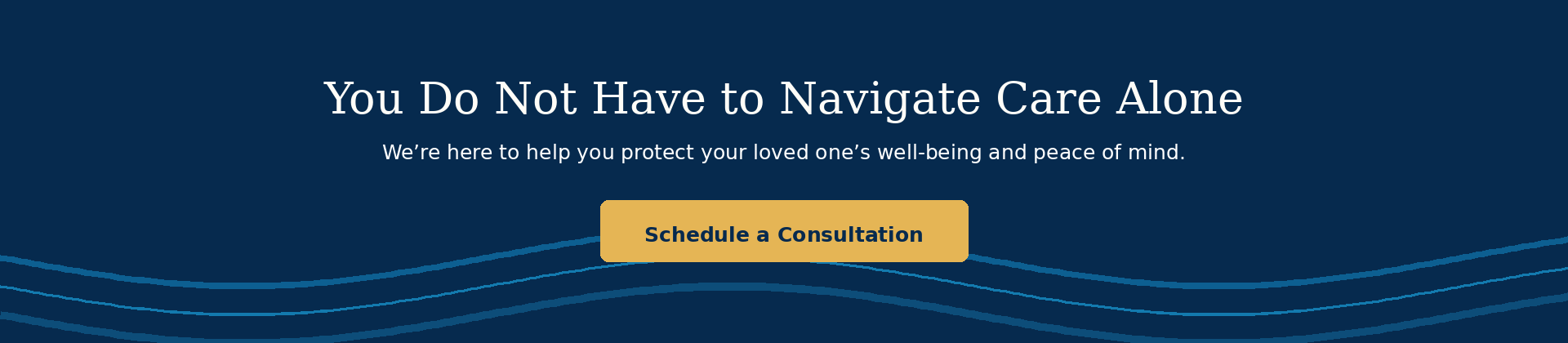 A website homepage header with a dark blue background, white text saying "You Do Not Have to Navigate Care Alone," a subtitle "We're here to help you protect your loved one's well-being and peace of mind," and a gold button labeled "Schedule a Consultation." The header also features a light blue wavy line at the bottom.