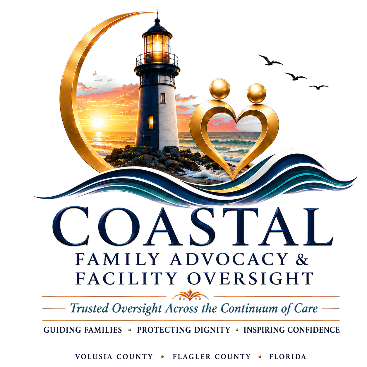 A logo for Coastal Family Advocacy & Facility Oversight featuring a lighthouse, sunset, ocean waves, a crescent moon, and a heart-shaped symbol, with the text 'Coastal' and tagline 'Trusted Oversight Across the Continuum of Care'.