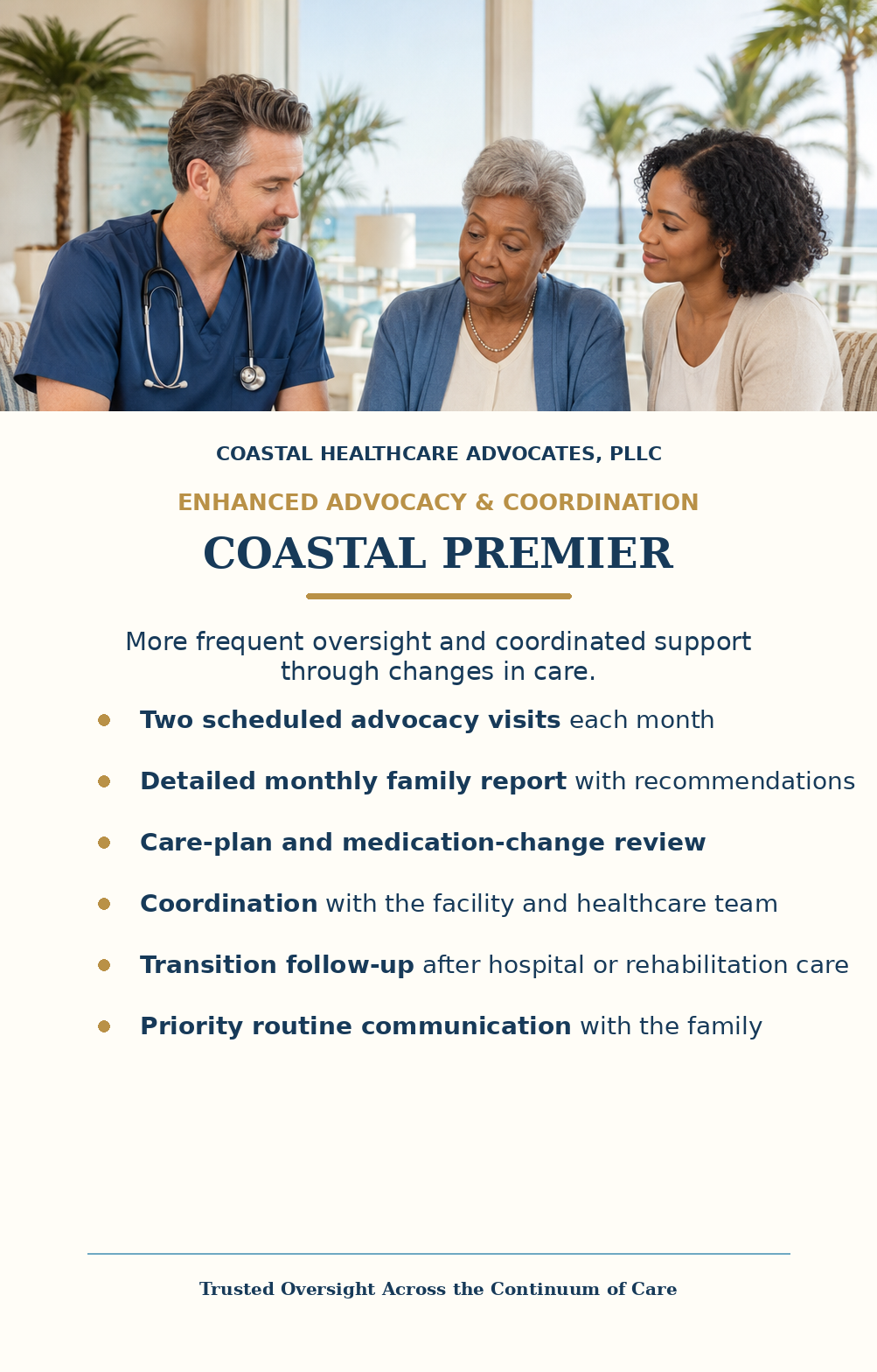 A healthcare professional in blue scrubs and stethoscope consulting with an elderly woman and a younger woman in a well-lit room with large windows and palm trees outside.