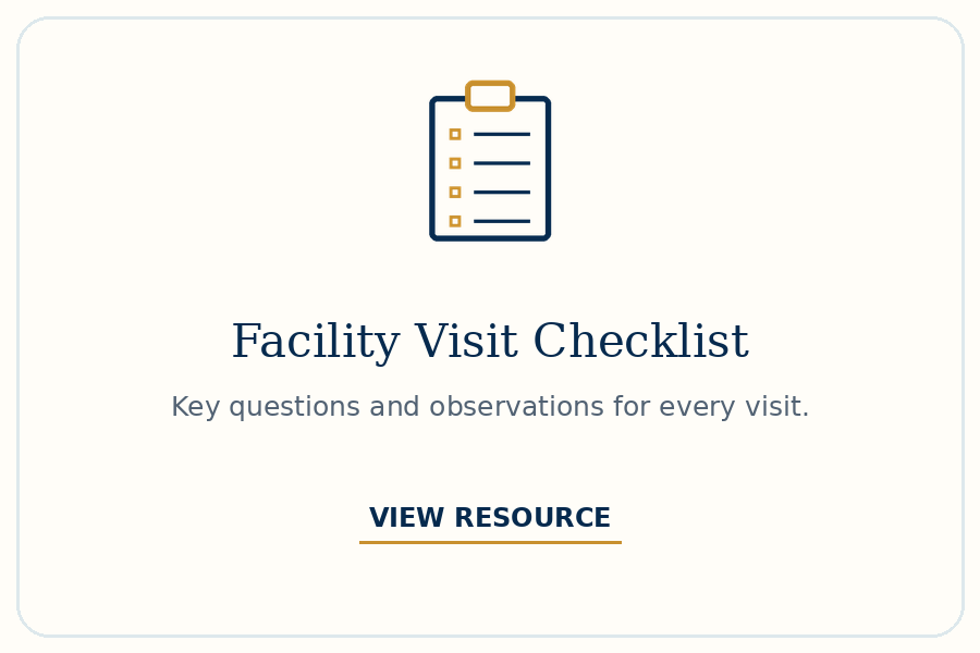 A digital graphic with a clipboard icon at the top, and the text 'Facility Visit Checklist', 'Key questions and observations for every visit.', and a 'VIEW RESOURCE' button.