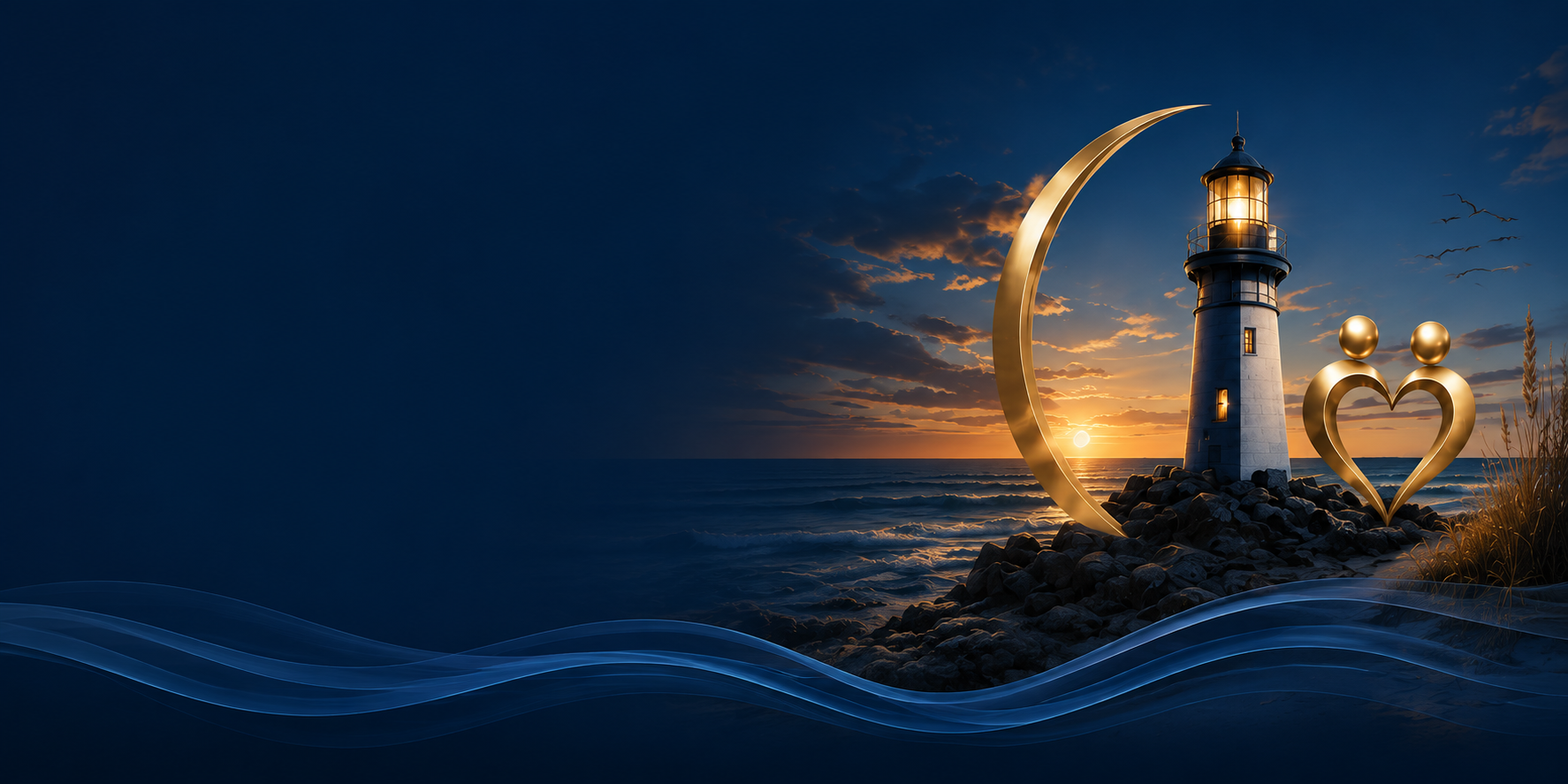 A lighthouse on rocky shore at sunset, with a large golden crescent moon and a stylized gold heart with two circular heads in the foreground. Artistic blue waves at the bottom and a few birds in the sky.