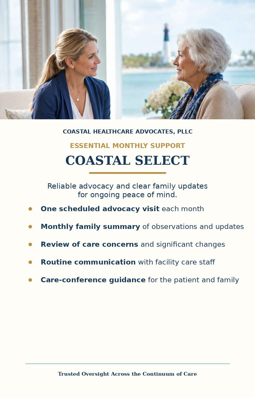 A woman and a senior woman having a conversation indoors with a view of the sea and a lighthouse in the background.