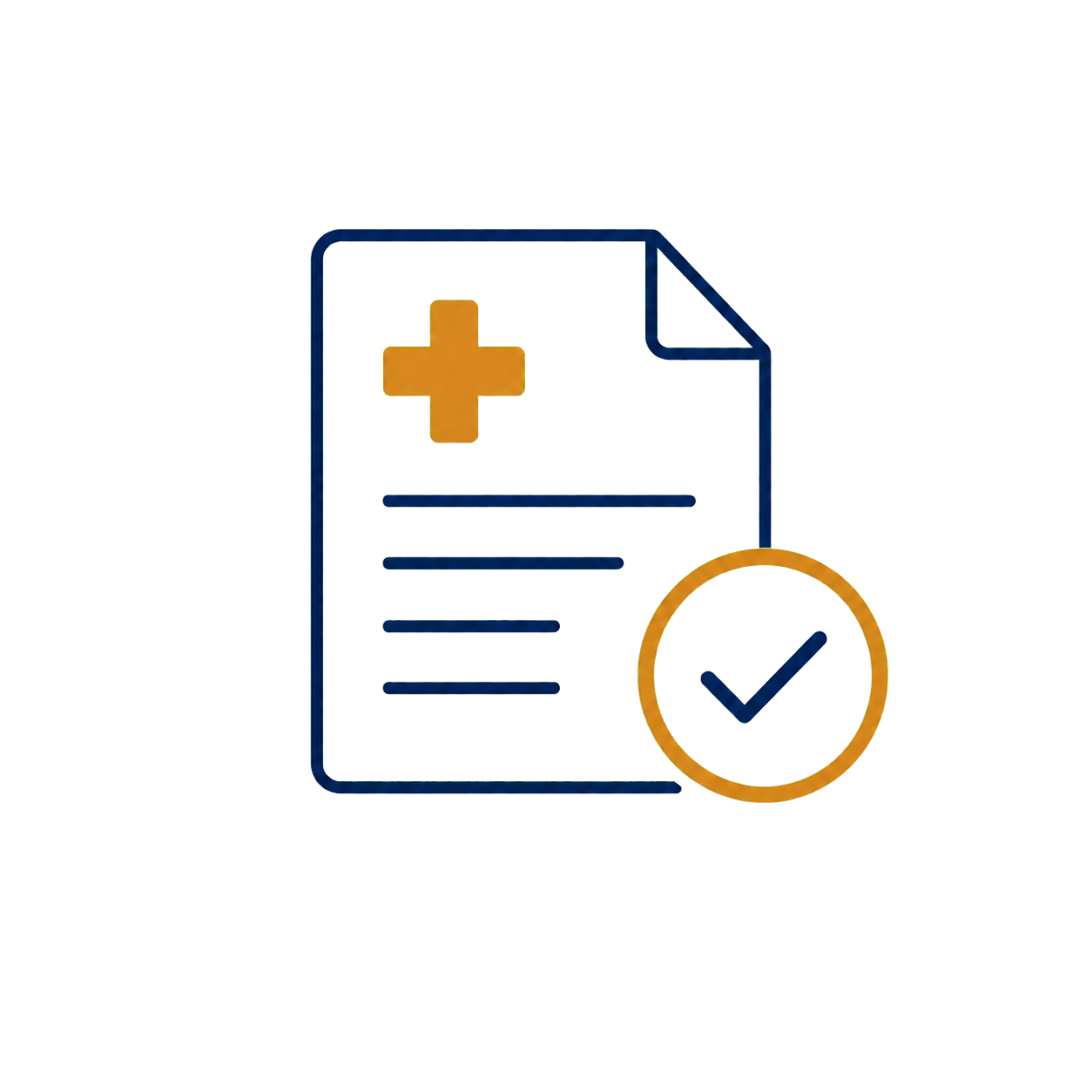 A digital icon of a healthcare form with a red cross, a green plus sign, lines representing text, and a check mark inside a circle.