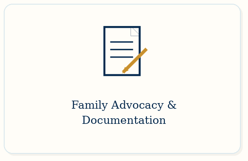 Icon of a document with a pen, above the text 'Family Advocacy & Documentation'