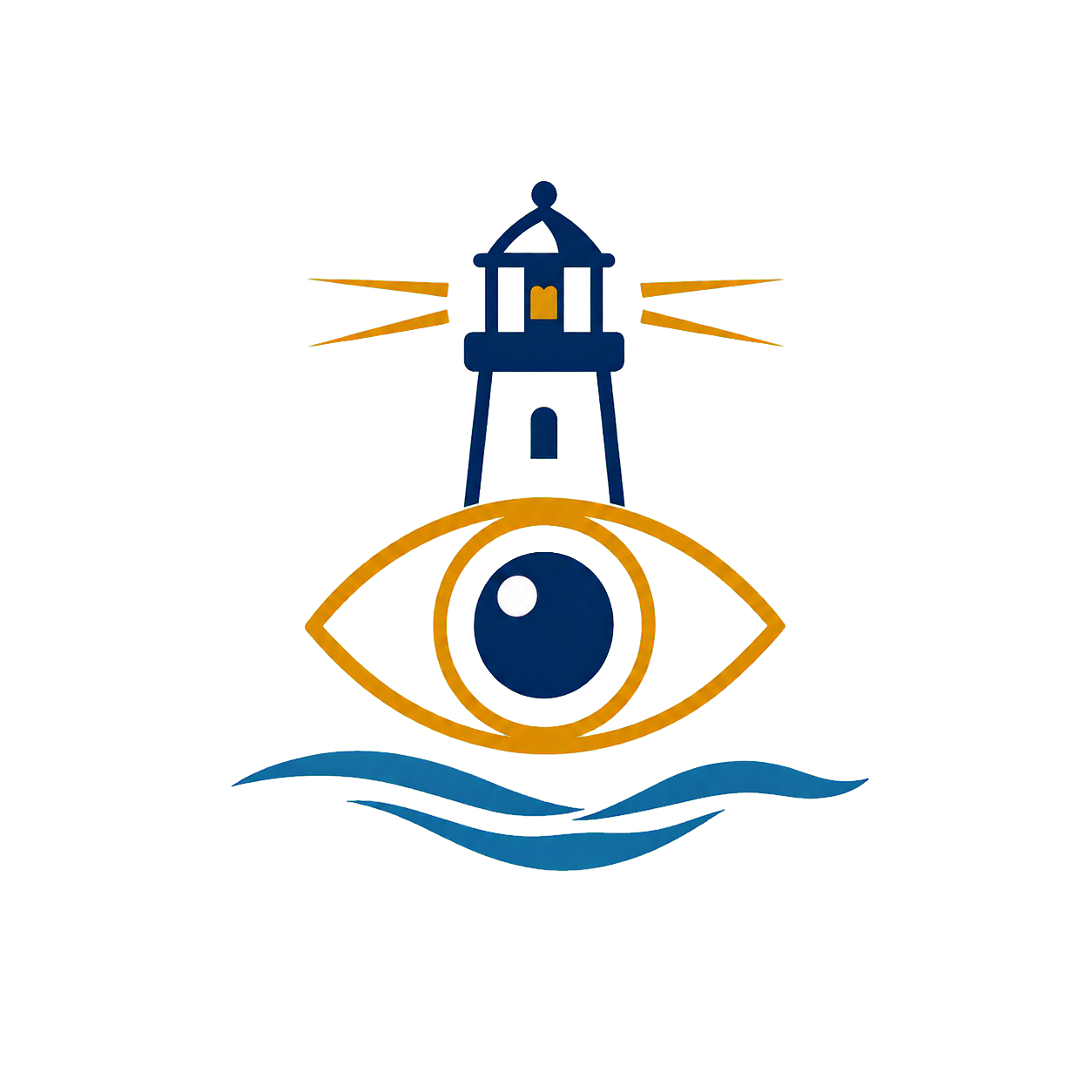 A graphic illustration of a lighthouse with a large eye beneath it and water waves at the bottom, all depicted with bold colors and stylized design.