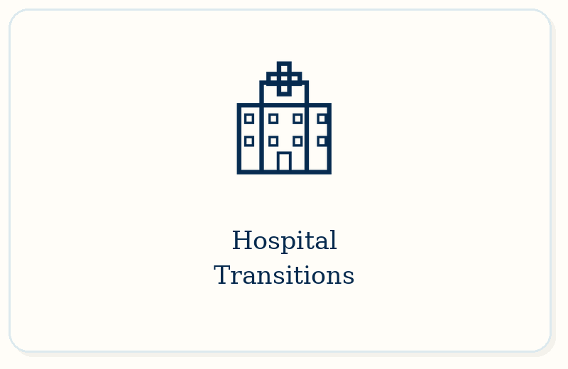 Icon of a hospital building above the words "Hospital Transitions".