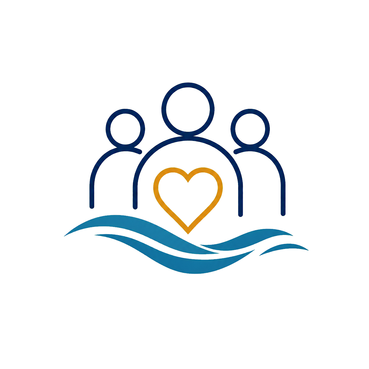 Stylized illustration of three human figures behind a heart, with blue waves below, symbolizing community, love, and support.