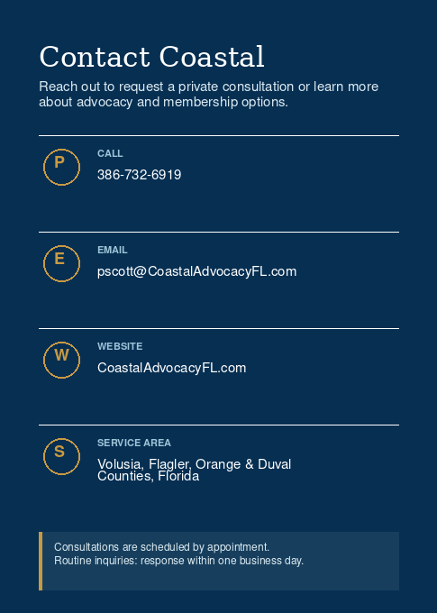 Contact Coastal information card with phone number, email, website, and service areas for coastal advocacy in Florida.