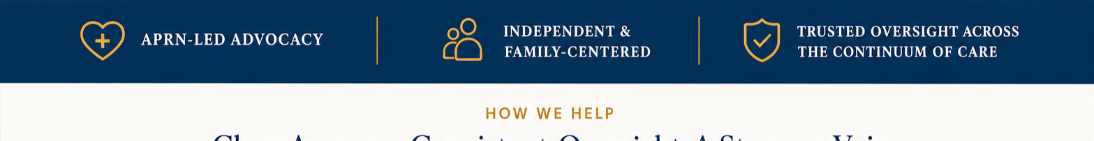 Header of a website with three icons and text: a heart with a cross for APRN-led advocacy, two people for independent & family-centered care, and a shield with a checkmark for trusted oversight across the continuum of care. Beneath is a section titled "How We Help".