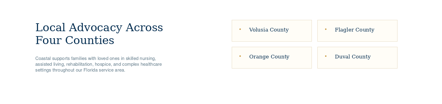 A webpage with the heading 'Local Advocacy Across Four Counties' and four clickable boxes labeled Volusia County, Flagler County, Orange County, and Duval County, with descriptive text about supporting families in Florida.