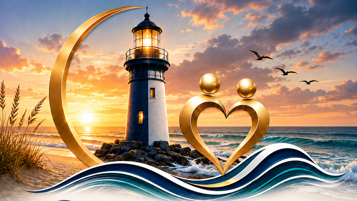 Sunset on a beach with a lighthouse, seagulls flying, and a large golden crescent moon and heart-shaped symbol in the foreground.
