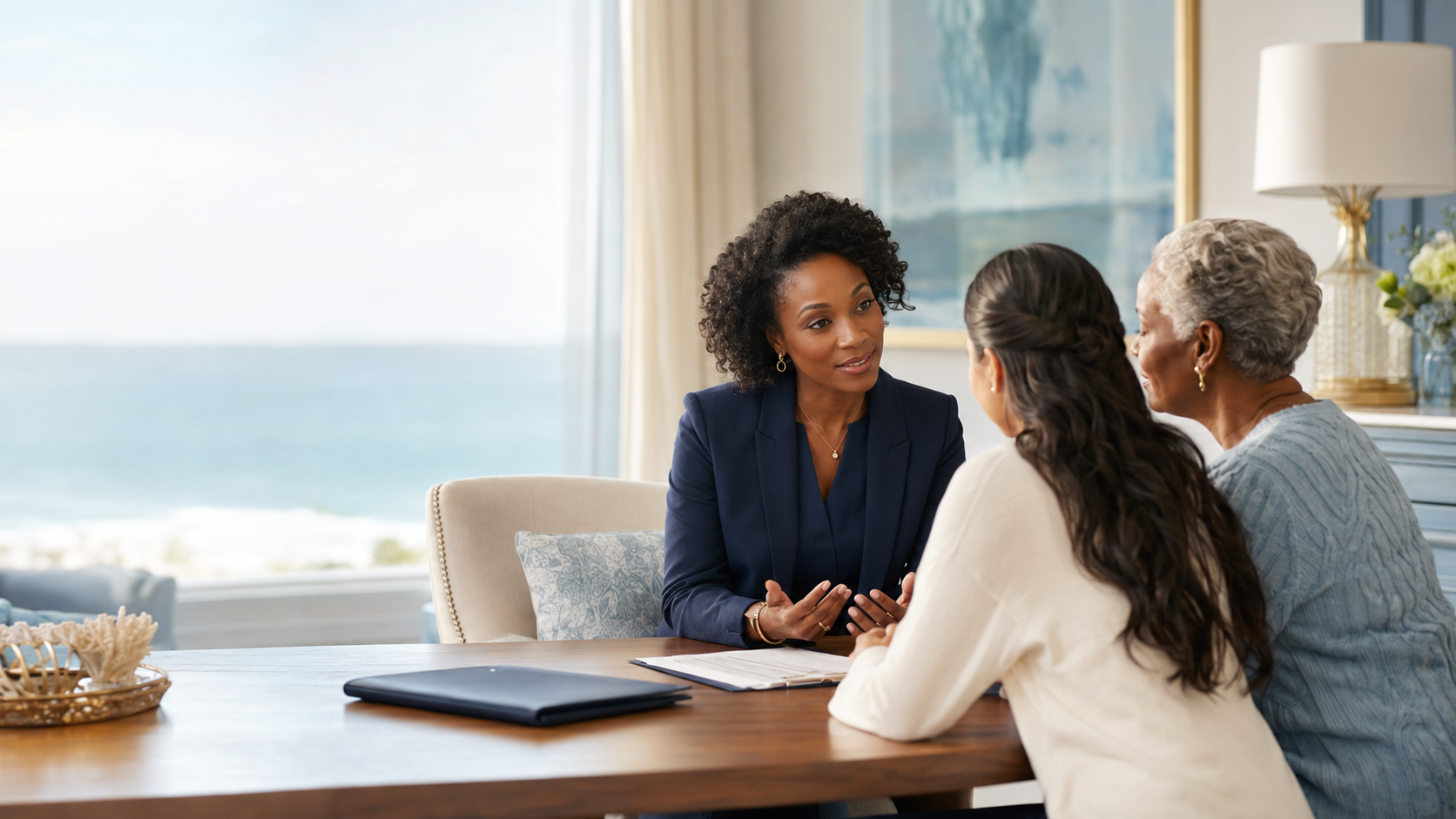 Three women having a conversation at a table with a view of the ocean in the background.