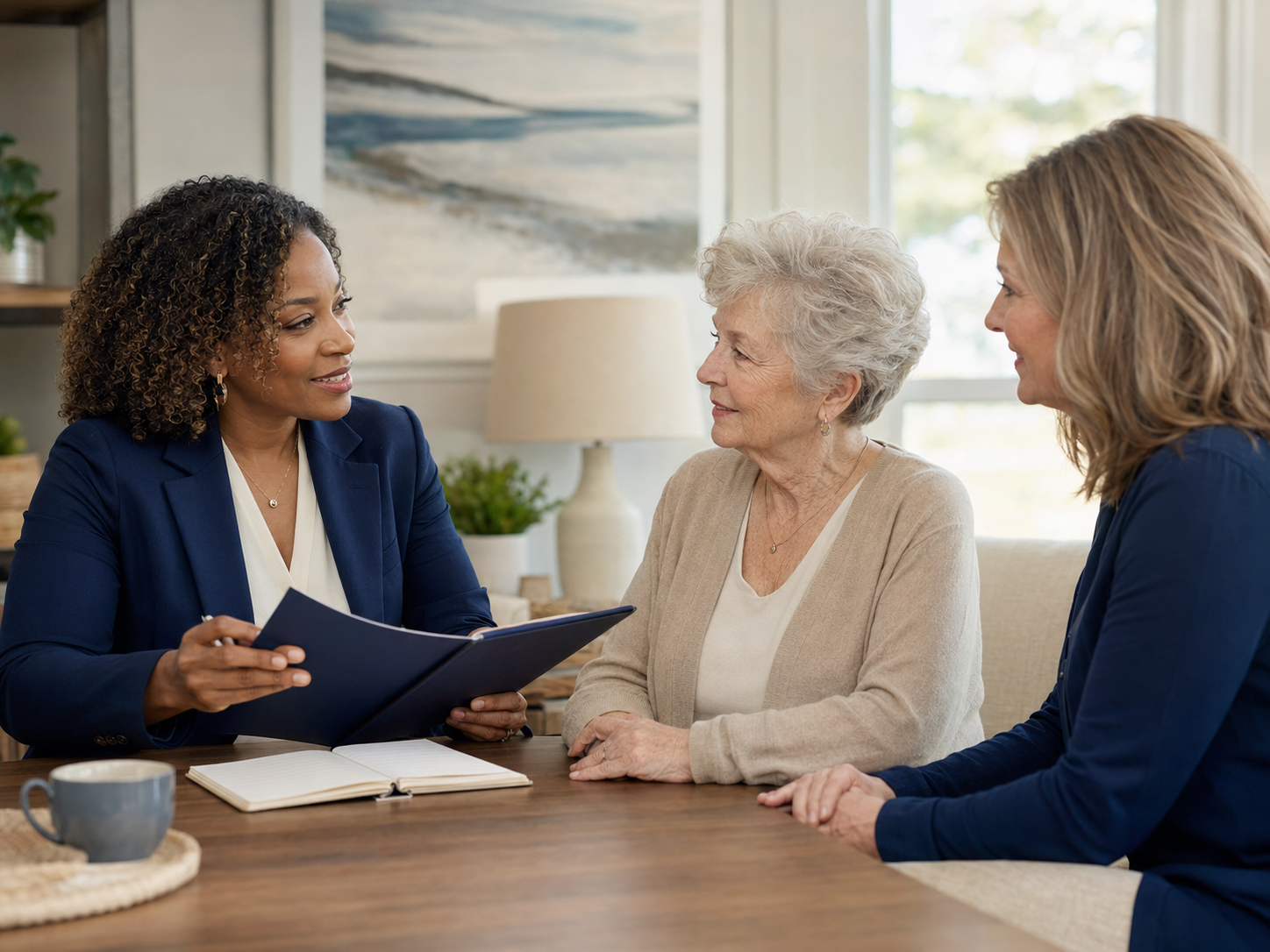 Three women having a discussion at a table, one woman is holding a folder.