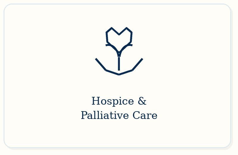 Logo of a stylized flower inside a hand, with text 'Hospice & Palliative Care' underneath.