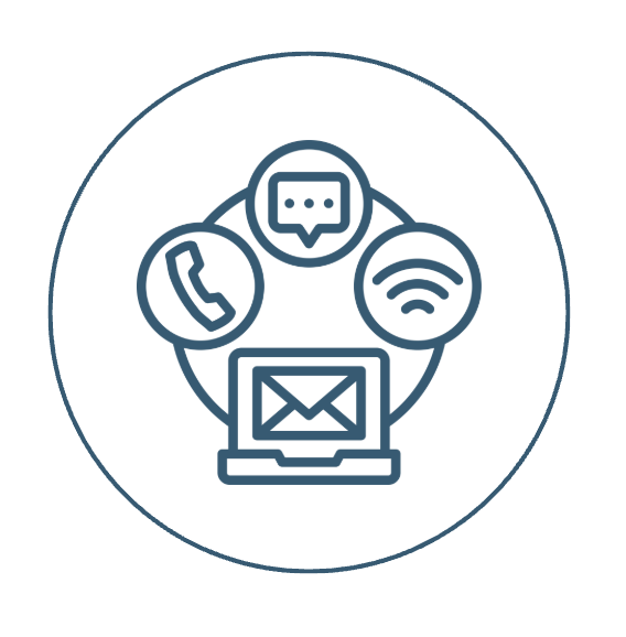 Icon showing a laptop with an email symbol, surrounded by a phone, speech bubble, and Wi-Fi symbols, representing communication methods.