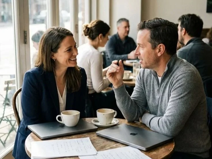 A man and woman having a conversation at a coffee shop, smiling at each other, with laptops and coffee cups on the table.