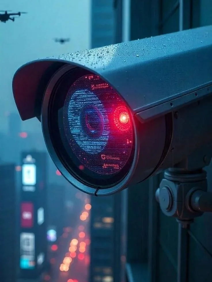 A security camera mounted on a building during rainy weather, with water droplets on the camera lens and city lights visible in the background.