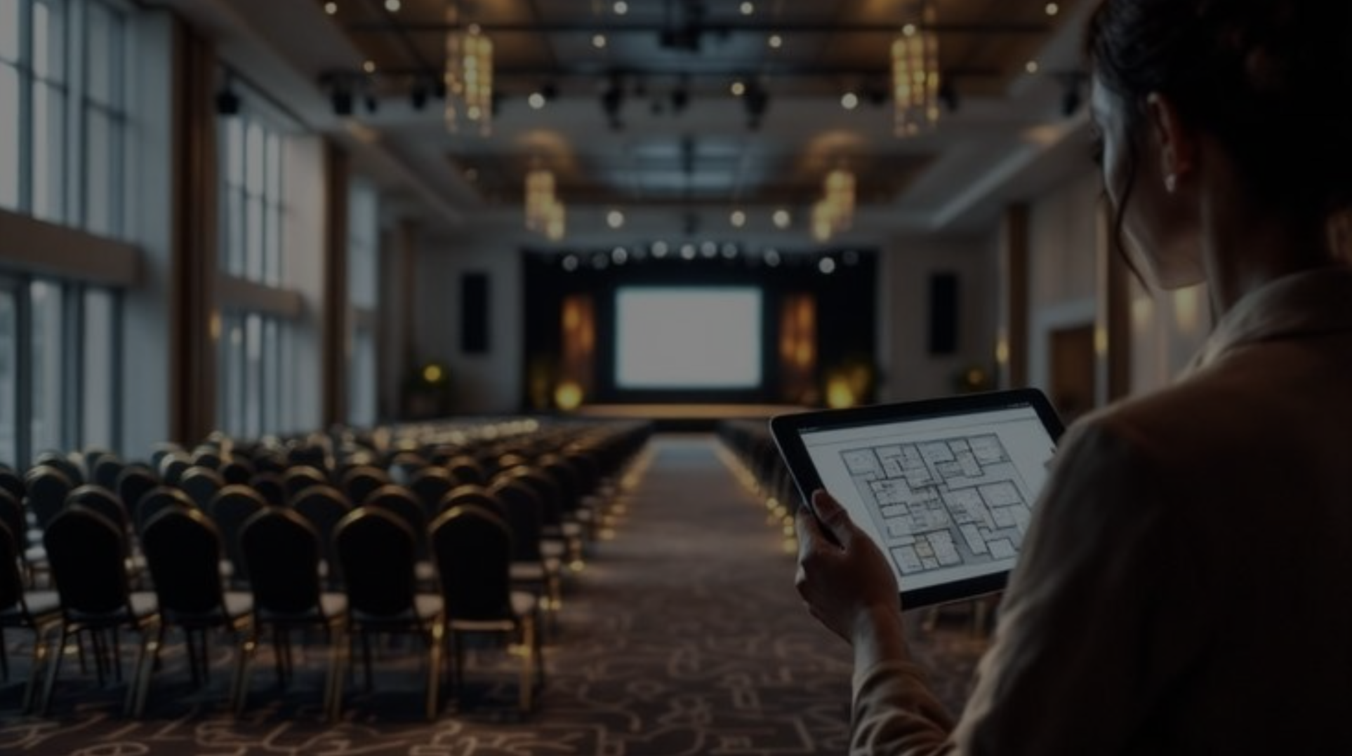 A woman in an indoor conference hall or auditorium, holding a tablet with a floor plan or layout, while facing a large screen at the front of the room, with rows of chairs and a stage visible in the background.