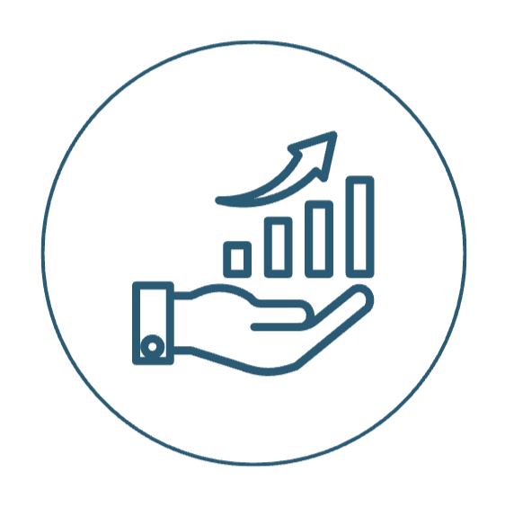 A line drawing of a hand holding a bar chart with an upward arrow, representing growth or success.