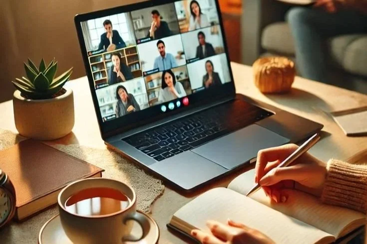 A person taking notes during a virtual meeting on a laptop, surrounded by a coffee cup, a notebook, and a plant.