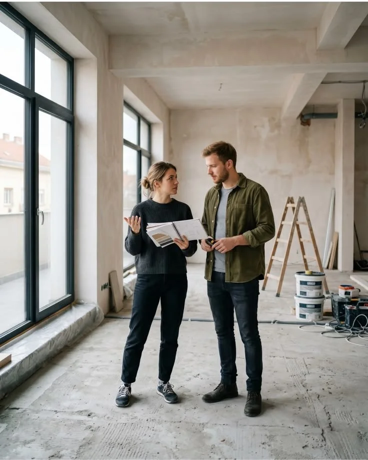 A man and woman having a discussion inside an unfinished apartment with large windows, construction tools, ladders, and paint buckets in the background.