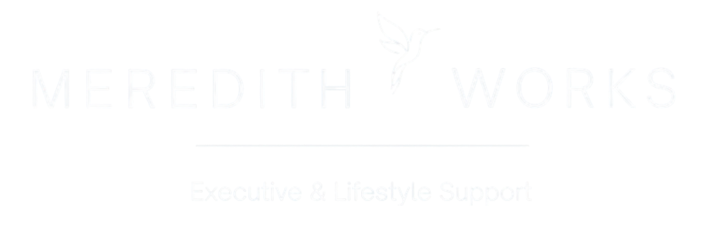 Meredith Works logo with a hummingbird illustration and the tagline "Executive & Lifestyle Support".