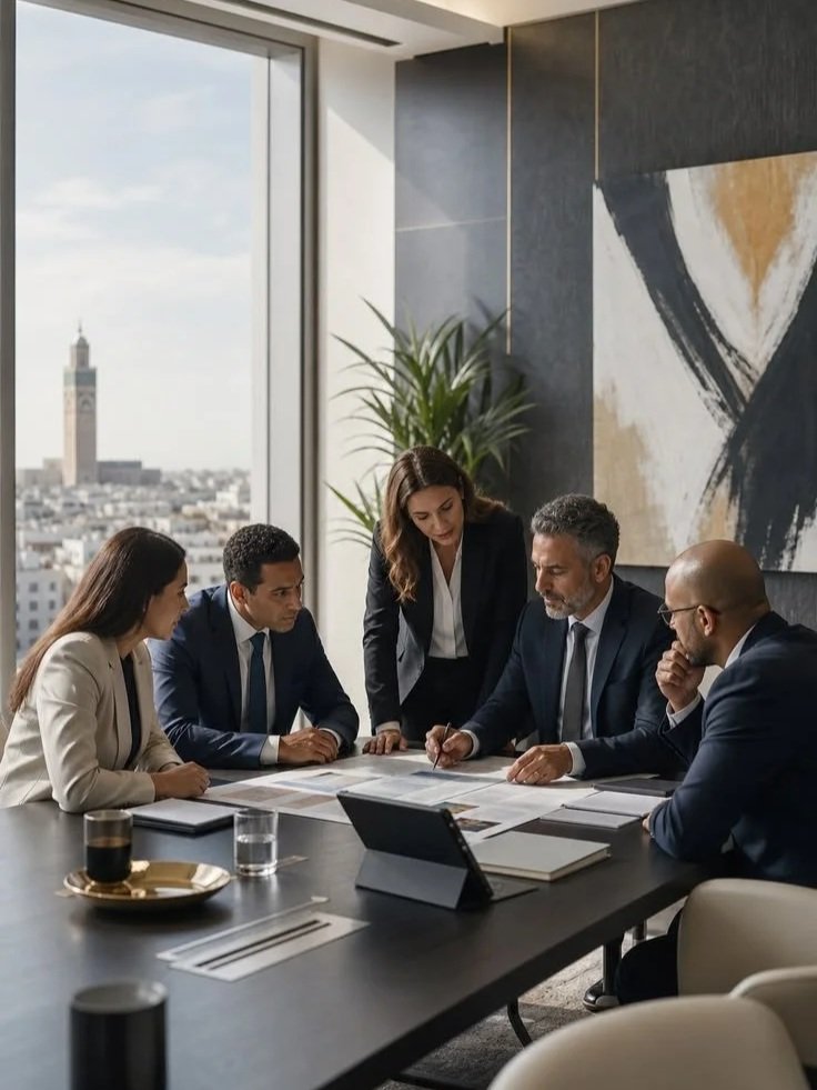 Business meeting in a modern office conference room with five professionals reviewing documents, with a cityscape visible through large windows.